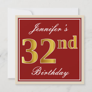 Elegant, Red, Faux Gold 32nd Birthday; Custom Name Invitation