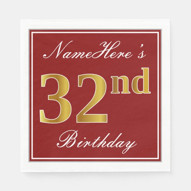 Elegant Red, Faux Gold 32nd Birthday + Custom Name Napkin (Front)