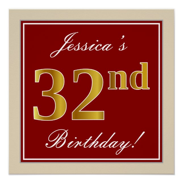 Elegant, Red, Faux Gold 32nd Birthday; Custom Name Poster (Front)