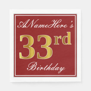 Elegant Red, Faux Gold 33rd Birthday + Custom Name Napkin