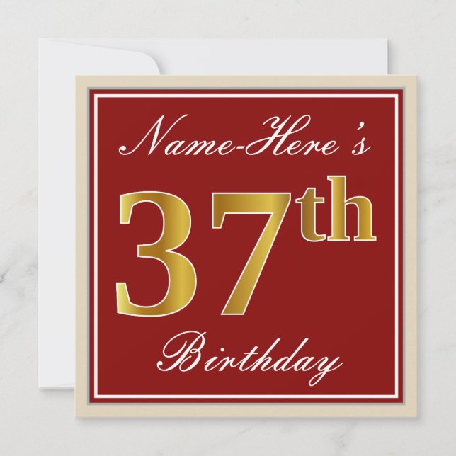 Elegant, Red, Faux Gold 37th Birthday; Custom Name Invitation (Front)