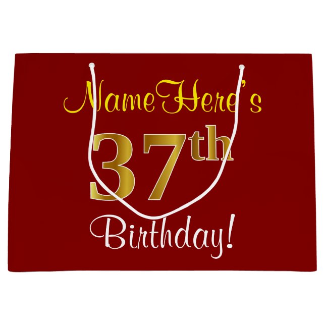 Elegant, Red, Faux Gold 37th Birthday; Custom Name Large Gift Bag (Front)