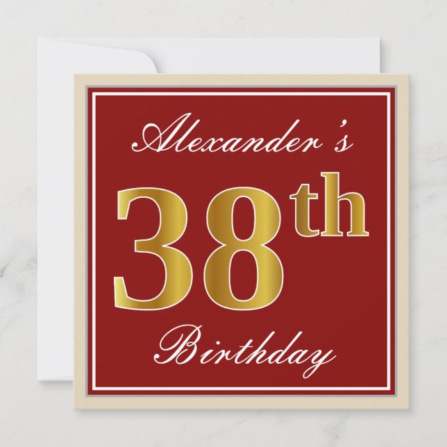 Elegant, Red, Faux Gold 38th Birthday; Custom Name Invitation (Front)