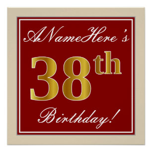 Elegant, Red, Faux Gold 38th Birthday; Custom Name Poster