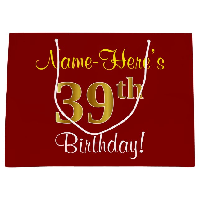 Elegant, Red, Faux Gold 39th Birthday; Custom Name Large Gift Bag (Front)