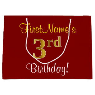 Elegant, Red, Faux Gold 3rd Birthday + Custom Name Large Gift Bag