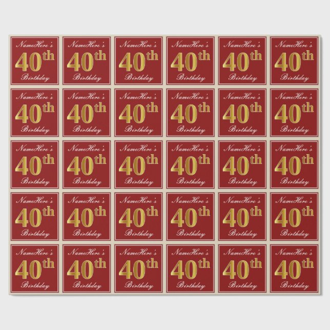 Elegant, Red, Faux Gold 40th Birthday; Custom Name Wrapping Paper (Flat)