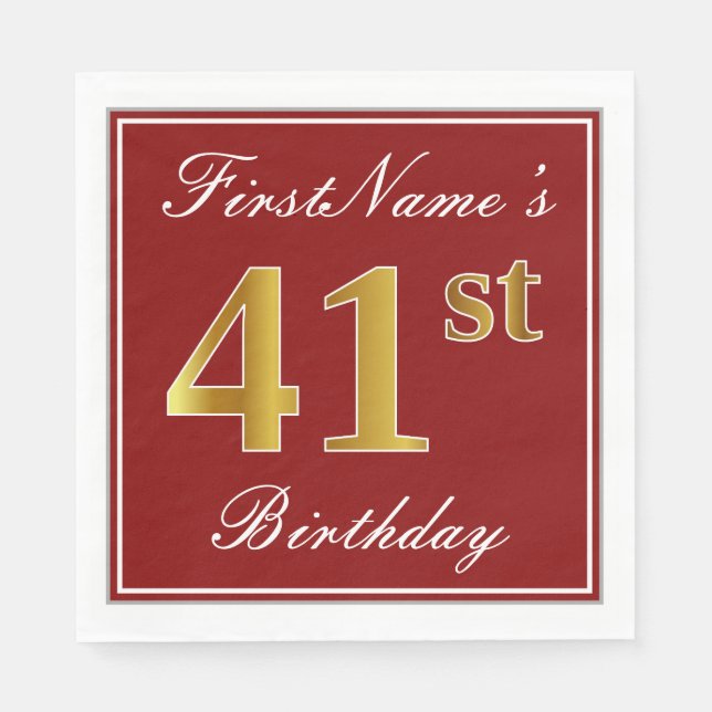 Elegant Red, Faux Gold 41st Birthday + Custom Name Napkin (Front)