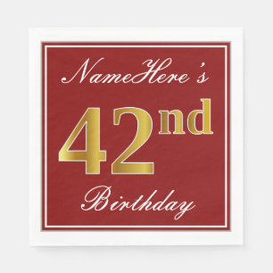 Elegant Red, Faux Gold 42nd Birthday + Custom Name Napkin