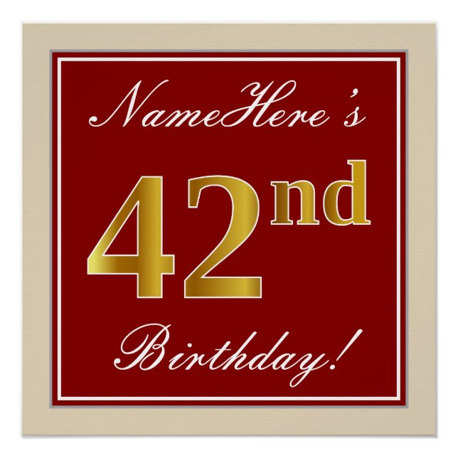 Elegant, Red, Faux Gold 42nd Birthday; Custom Name Poster (Front)