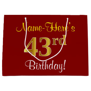 Elegant, Red, Faux Gold 43rd Birthday; Custom Name Large Gift Bag