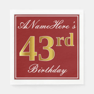 Elegant Red, Faux Gold 43rd Birthday + Custom Name Napkin