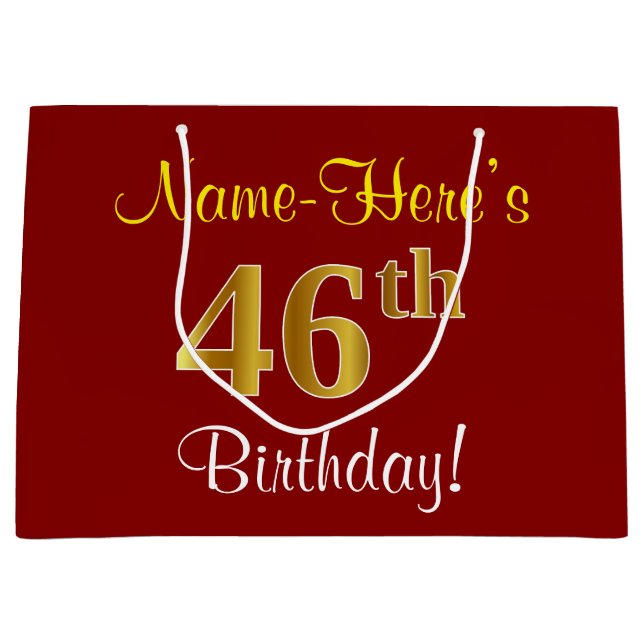Elegant, Red, Faux Gold 46th Birthday; Custom Name Large Gift Bag (Front)