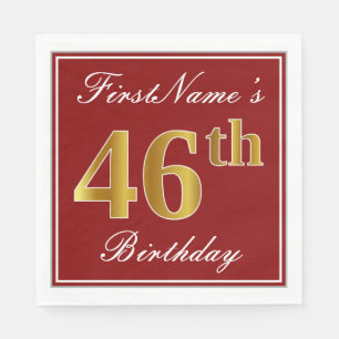 Elegant Red, Faux Gold 46th Birthday + Custom Name Napkin