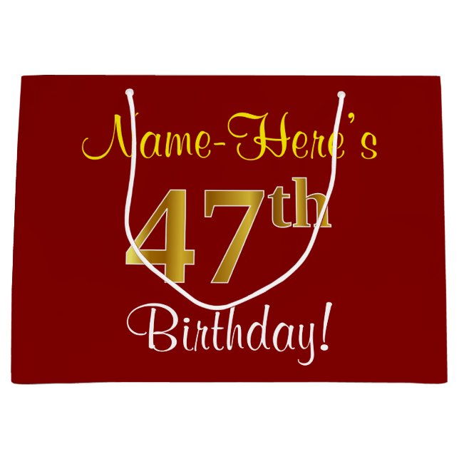 Elegant, Red, Faux Gold 47th Birthday; Custom Name Large Gift Bag (Front)