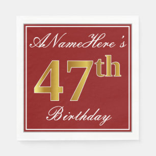 Elegant Red, Faux Gold 47th Birthday + Custom Name Napkin