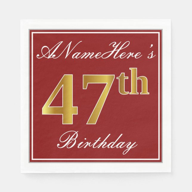 Elegant Red, Faux Gold 47th Birthday + Custom Name Napkin (Front)