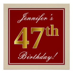 Elegant, Red, Faux Gold 47th Birthday; Custom Name Poster