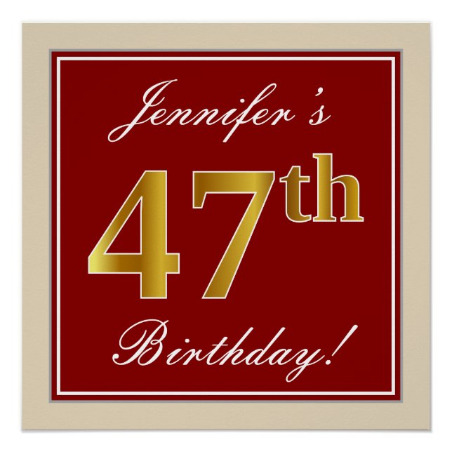 Elegant, Red, Faux Gold 47th Birthday; Custom Name Poster (Front)