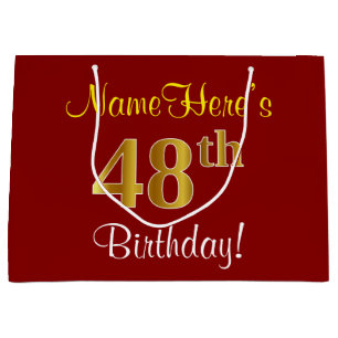 Elegant, Red, Faux Gold 48th Birthday; Custom Name Large Gift Bag