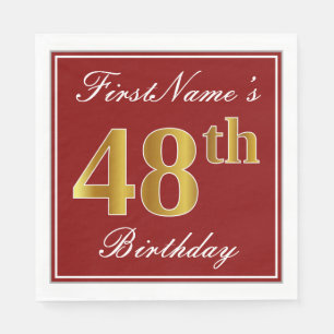 Elegant Red, Faux Gold 48th Birthday + Custom Name Napkin