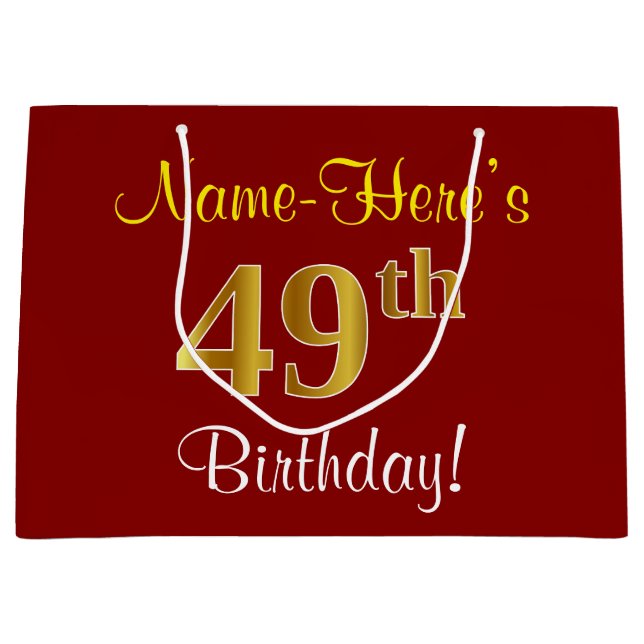 Elegant, Red, Faux Gold 49th Birthday; Custom Name Large Gift Bag (Front)