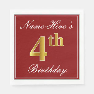 Elegant Red, Faux Gold 4th Birthday + Custom Name Napkin