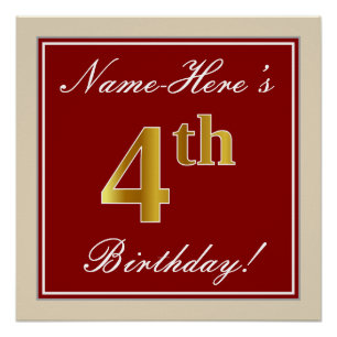 Elegant, Red, Faux Gold 4th Birthday + Custom Name Poster