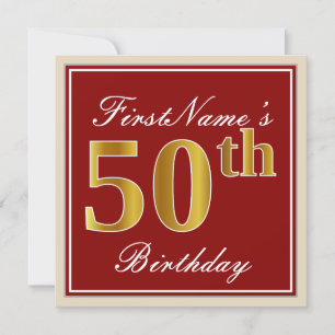 Elegant, Red, Faux Gold 50th Birthday; Custom Name Invitation