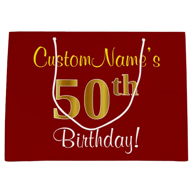 Elegant, Red, Faux Gold 50th Birthday; Custom Name Large Gift Bag (Front)