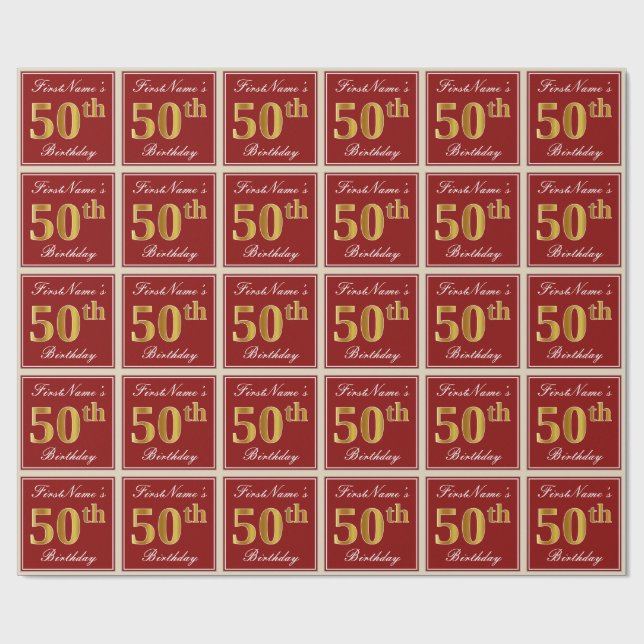 Elegant, Red, Faux Gold 50th Birthday; Custom Name Wrapping Paper (Flat)