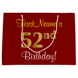 Elegant, Red, Faux Gold 52nd Birthday; Custom Name Large Gift Bag