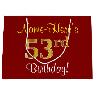 Elegant, Red, Faux Gold 53rd Birthday; Custom Name Large Gift Bag