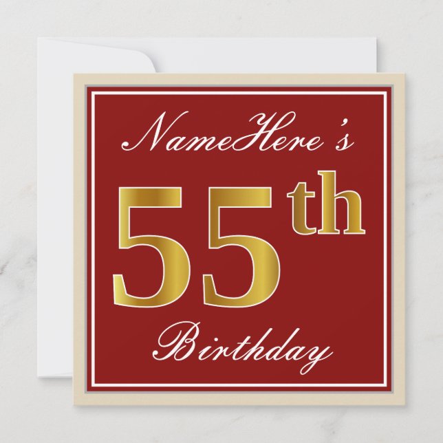 Elegant, Red, Faux Gold 55th Birthday; Custom Name Invitation (Front)