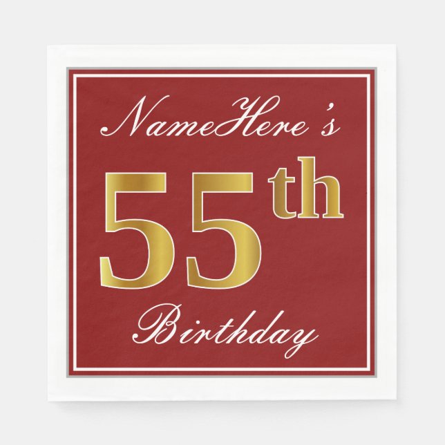 Elegant Red, Faux Gold 55th Birthday + Custom Name Napkin (Front)