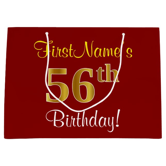 Elegant, Red, Faux Gold 56th Birthday; Custom Name Large Gift Bag (Front)