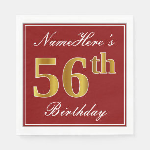Elegant Red, Faux Gold 56th Birthday + Custom Name Napkin