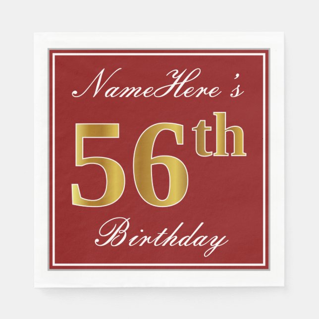 Elegant Red, Faux Gold 56th Birthday + Custom Name Napkin (Front)
