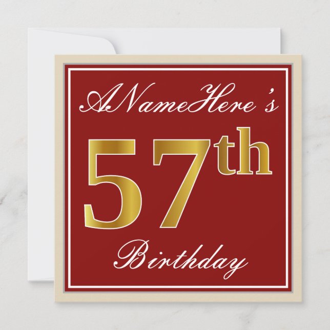 Elegant, Red, Faux Gold 57th Birthday; Custom Name Invitation (Front)