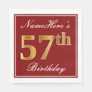 Elegant Red, Faux Gold 57th Birthday + Custom Name Napkin