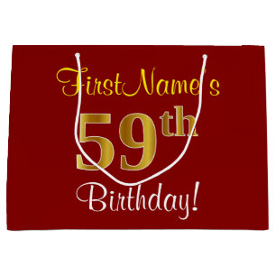 Elegant, Red, Faux Gold 59th Birthday; Custom Name Large Gift Bag