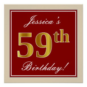 Elegant, Red, Faux Gold 59th Birthday; Custom Name Poster