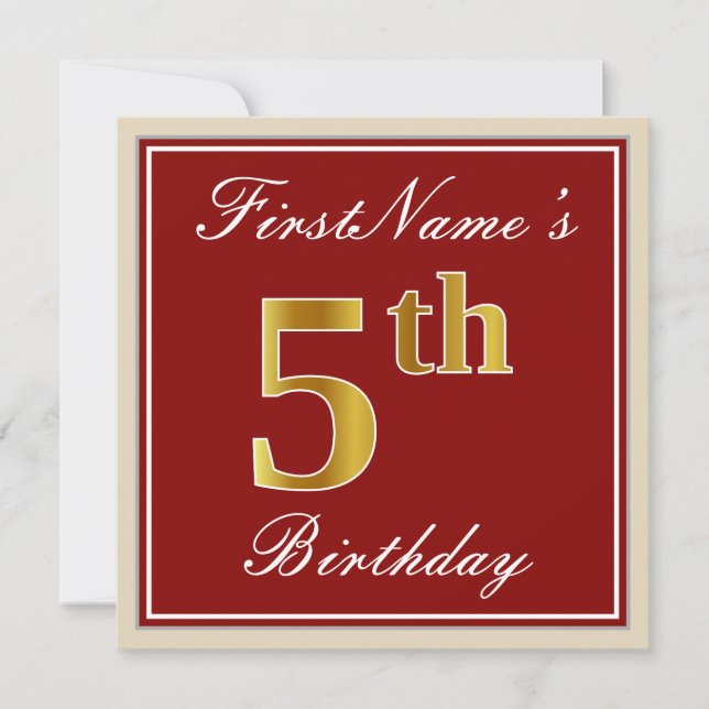 Elegant, Red, Faux Gold 5th Birthday + Custom Name Invitation (Front)