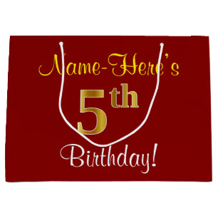 Elegant, Red, Faux Gold 5th Birthday + Custom Name Large Gift Bag