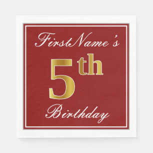 Elegant Red, Faux Gold 5th Birthday + Custom Name Napkin