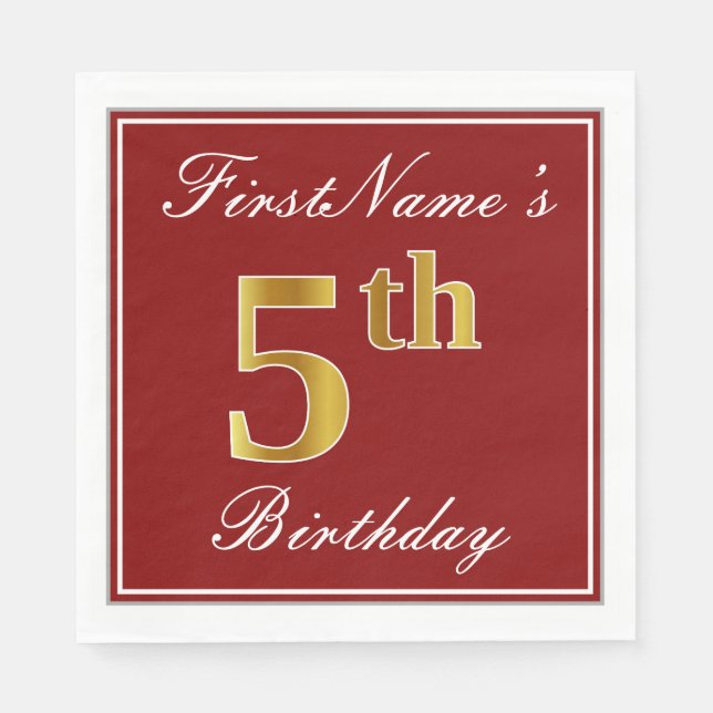 Elegant Red, Faux Gold 5th Birthday + Custom Name Napkin (Front)