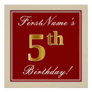Elegant, Red, Faux Gold 5th Birthday + Custom Name Poster