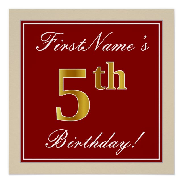 Elegant, Red, Faux Gold 5th Birthday + Custom Name Poster (Front)