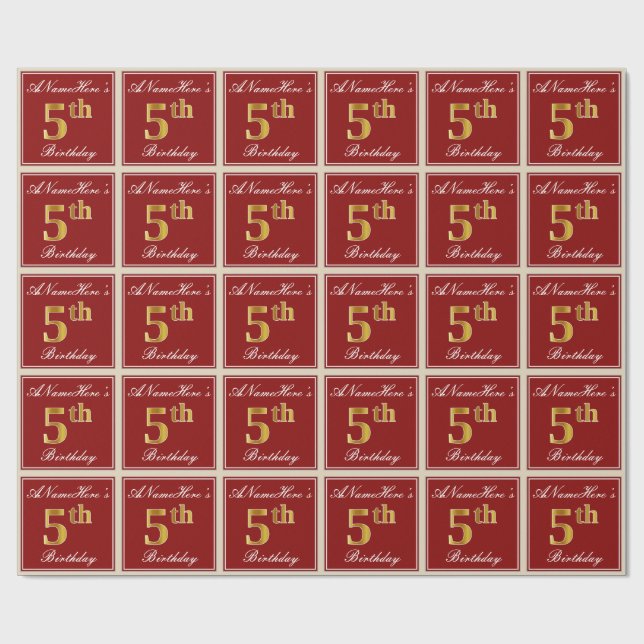 Elegant, Red, Faux Gold 5th Birthday + Custom Name Wrapping Paper (Flat)