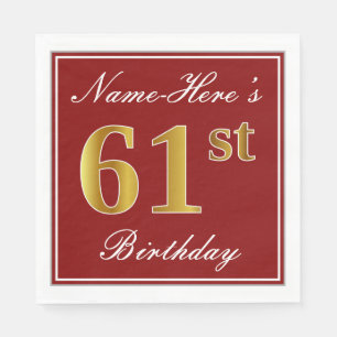 Elegant Red, Faux Gold 61st Birthday + Custom Name Napkin